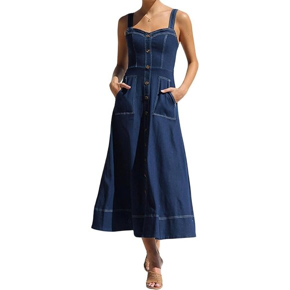 Dresses & Skirts - Women's Denim Midi Dress Adjustable Straps Sleeveless Button Down Casual